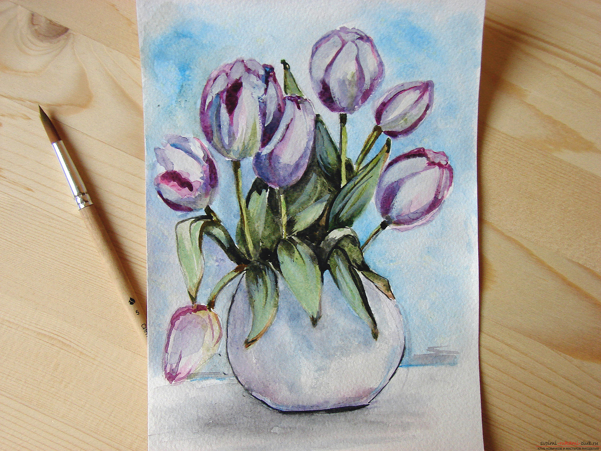 Мастер-класс по рисованию с фото научит как нарисовать цветы, подробно описав как рисуются тюльпаны поэтапно.. Фото №29